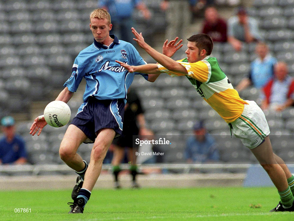 15 July 2001; Padraig Brennan of Dublin in action against Marius Brennan of Offaly during the Leinster Minor Football Championship Final match between Dublin and Offaly in Croke Park, Dublin. Photo by David Maher/Sportsfile