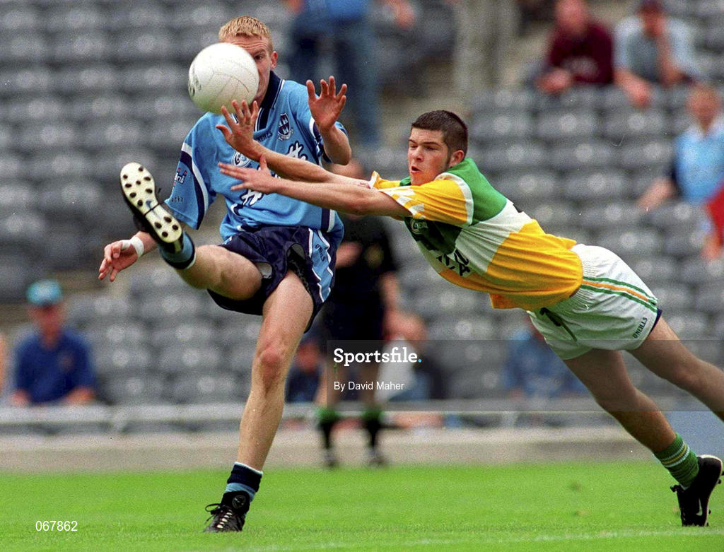 15 July 2001; Padraig Brennan of Dublin in action against Marius Brennan of Offaly during the Leinster Minor Football Championship Final match between Dublin and Offaly in Croke Park, Dublin. Photo by David Maher/Sportsfile