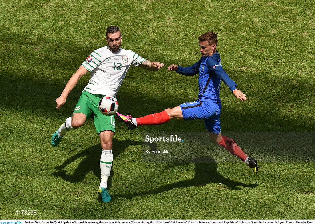26 June 2016; Shane Duffy of Republic of Ireland in action against Antoine Griezmann of France during the UEFA Euro 2016 Round of 16 match between France and Republic of Ireland at Stade des Lumieres in Lyon, France. Photo by Sportsfile