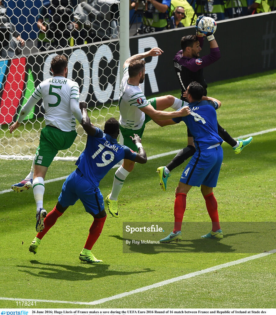 26 June 2016; Hugo Lloris of France makes a save during the UEFA Euro 2016 Round of 16 match between France and Republic of Ireland at Stade des Lumieres in Lyon, France. Photo by Ray McManus/Sportsfile