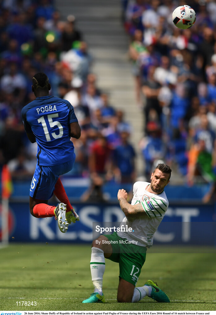 26 June 2016; Shane Duffy of Republic of Ireland in action against Paul Pogba of France during the UEFA Euro 2016 Round of 16 match between France and Republic of Ireland at Stade des Lumieres in Lyon, France. Photo by Stephen McCarthy/Sportsfile