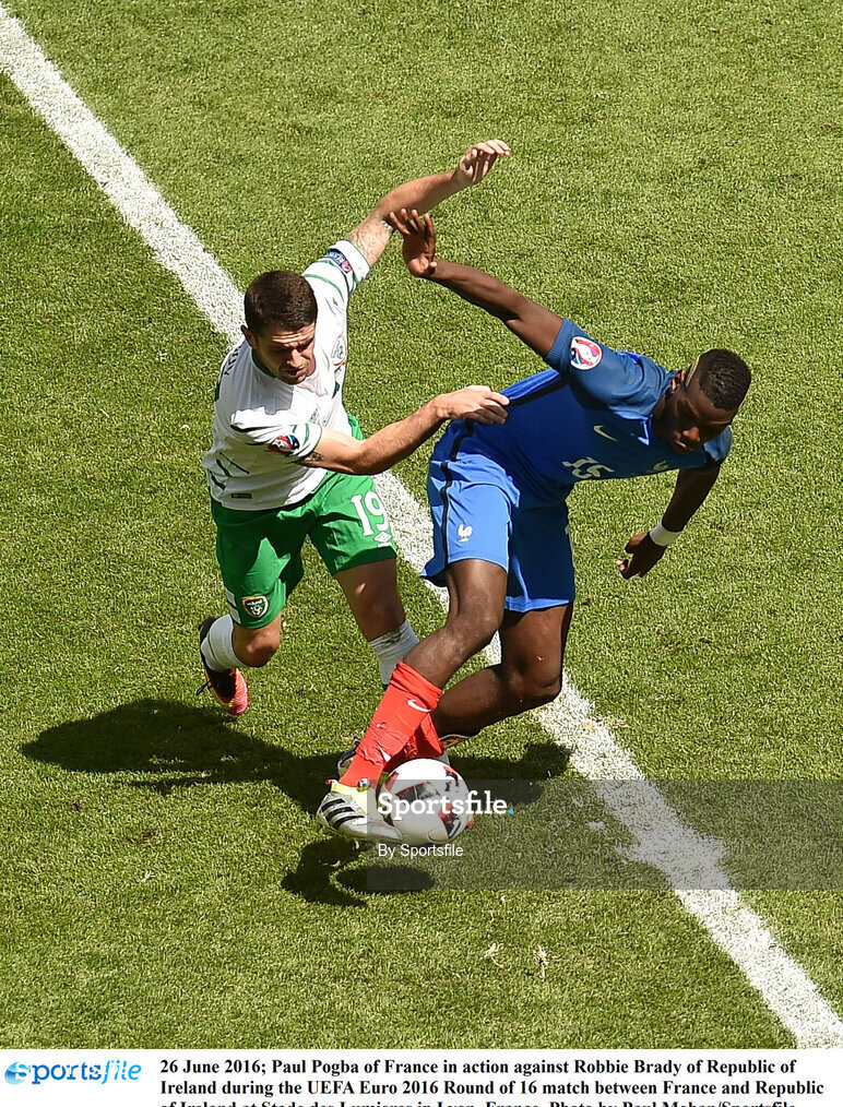 26 June 2016; Paul Pogba of France in action against Robbie Brady of Republic of Ireland during the UEFA Euro 2016 Round of 16 match between France and Republic of Ireland at Stade des Lumieres in Lyon, France. Photo by Sportsfile