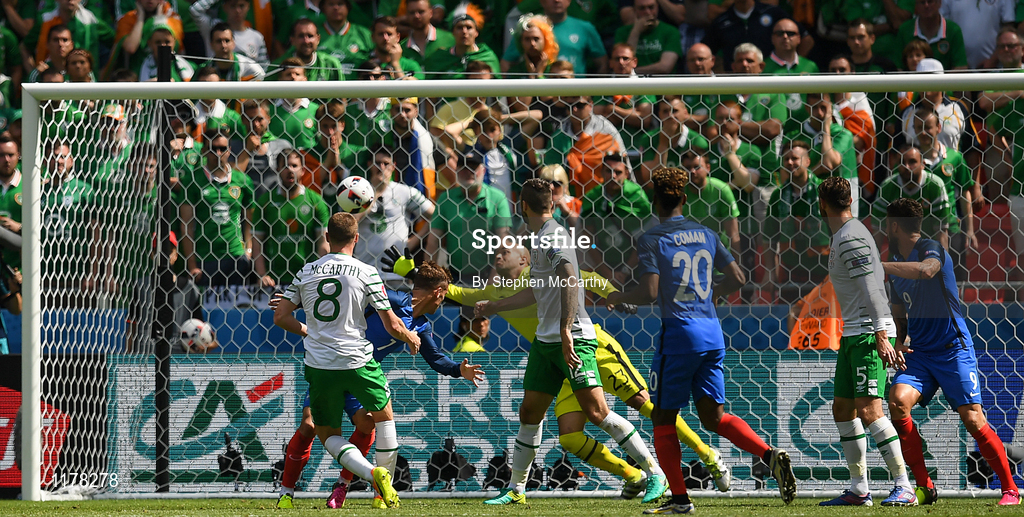 26 June 2016; Antoine Griezmann of France scoring his side's first goal of the game during the UEFA Euro 2016 Round of 16 match between France and Republic of Ireland at Stade des Lumieres in Lyon, France. Photo by Stephen McCarthy/Sportsfile