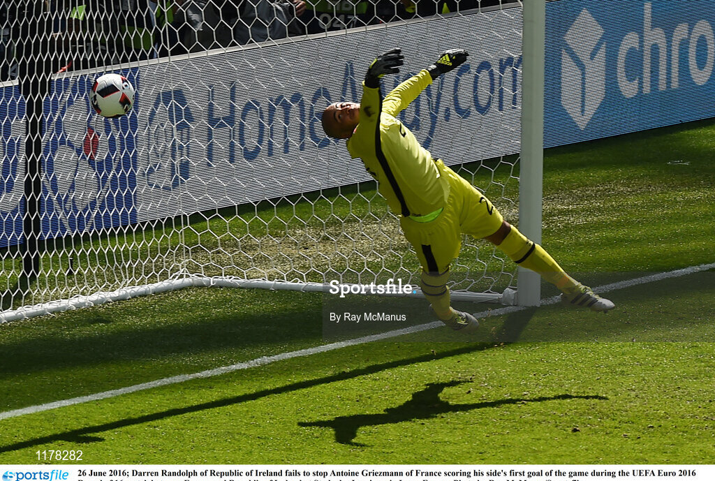 26 June 2016; Darren Randolph of Republic of Ireland fails to stop Antoine Griezmann of France scoring his side's first goal of the game during the UEFA Euro 2016 Round of 16 match between France and Republic of Ireland at Stade des Lumieres in Lyon, France. Photo by Ray McManus/Sportsfile