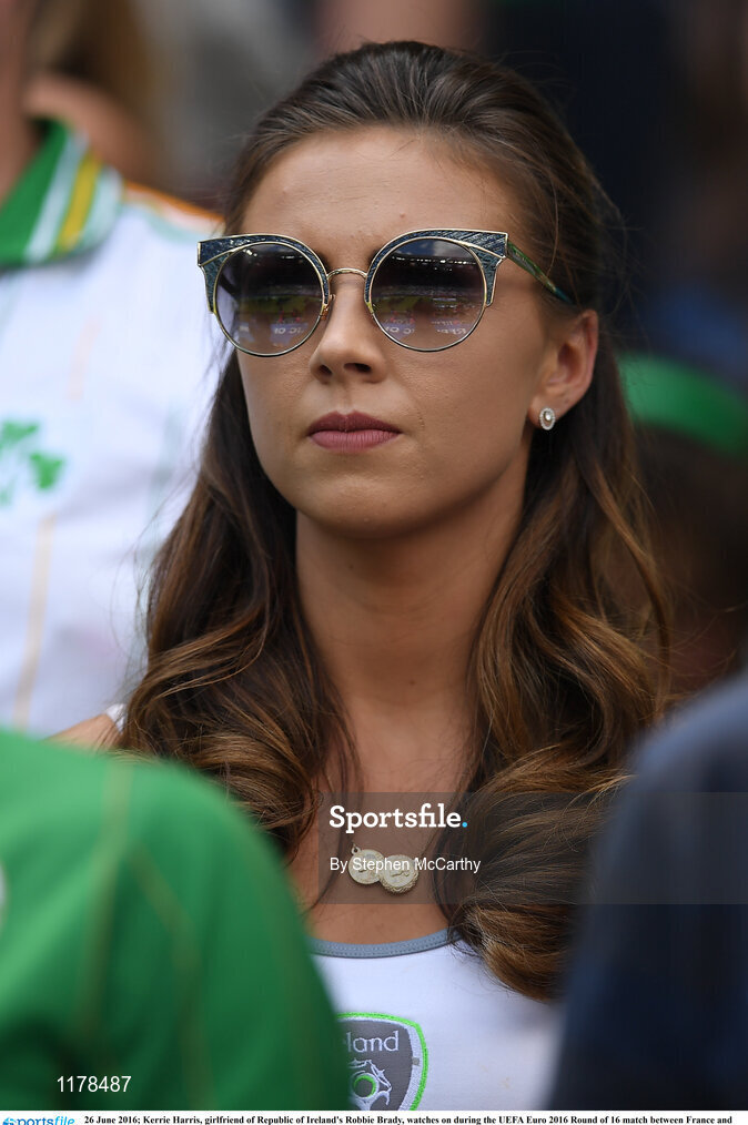 26 June 2016; Kerrie Harris, girlfriend of Republic of Ireland's Robbie Brady, watches on during the UEFA Euro 2016 Round of 16 match between France and Republic of Ireland at Stade des Lumieres in Lyon, France. Photo by Stephen McCarthy/Sportsfile