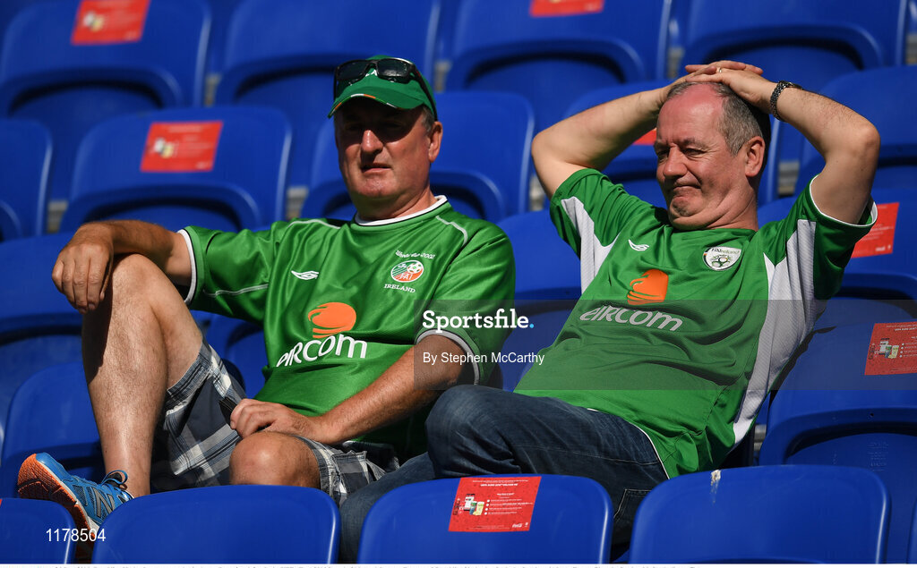 26 June 2016; Republic of Ireland supporters relax in the stadium after defeat in the UEFA Euro 2016 Round of 16 match between France and Republic of Ireland at Stade des Lumieres in Lyon, France. Photo by Stephen McCarthy/Sportsfile