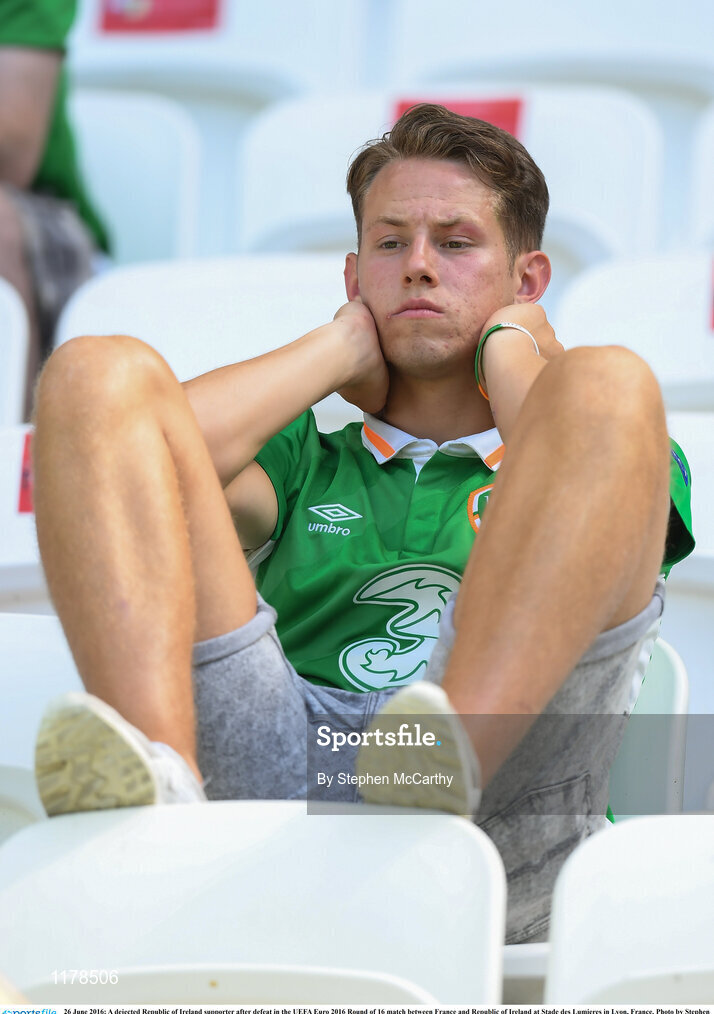 26 June 2016; A dejected Republic of Ireland supporter after defeat in the UEFA Euro 2016 Round of 16 match between France and Republic of Ireland at Stade des Lumieres in Lyon, France. Photo by Stephen McCarthy/Sportsfile