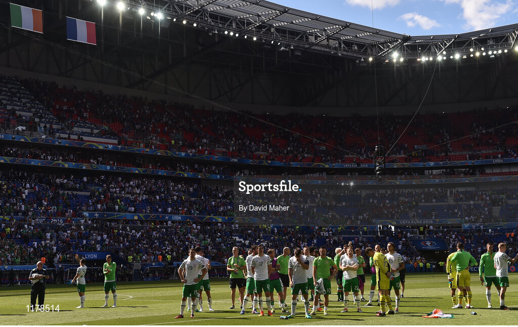 26 June 2016; Republic of Ireland players looking dejected on the pitch after defeat to France in the UEFA Euro 2016 Round of 16 match between France and Republic of Ireland at Stade des Lumieres in Lyon, France. Photo by David Maher/Sportsfile