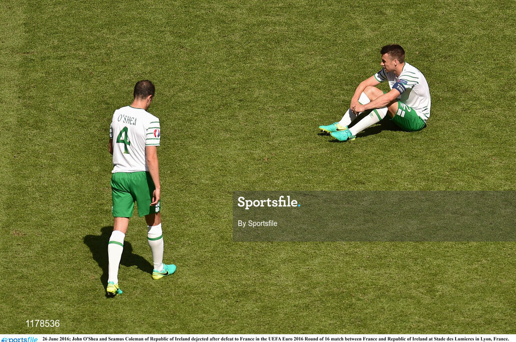 26 June 2016; John O'Shea and Seamus Coleman of Republic of Ireland dejected after defeat to France in the UEFA Euro 2016 Round of 16 match between France and Republic of Ireland at Stade des Lumieres in Lyon, France. Photo by Sportsfile