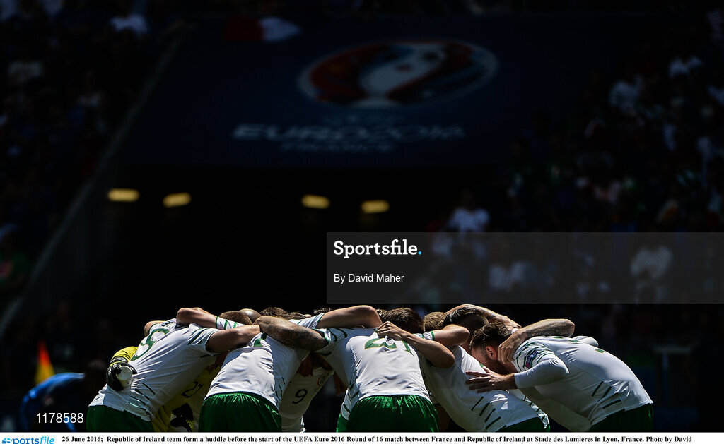 26 June 2016;  Republic of Ireland team form a huddle before the start of the UEFA Euro 2016 Round of 16 match between France and Republic of Ireland at Stade des Lumieres in Lyon, France. Photo by David Maher/Sportsfile