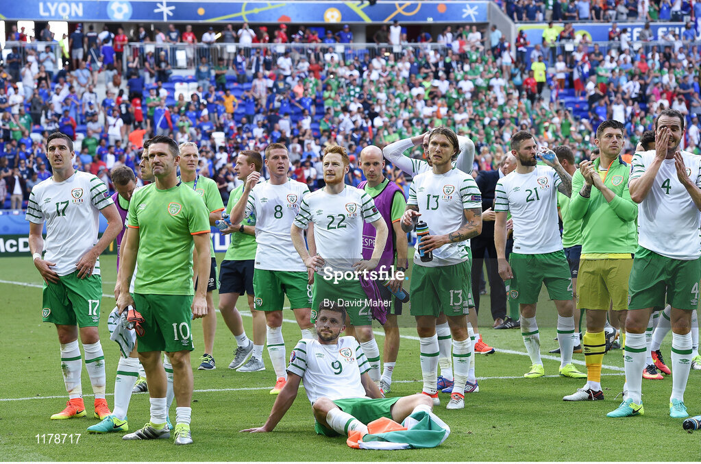26 June 2016; Shane Long of Republic of Ireland seated, surrounded by his team mates after defeat to France in the UEFA Euro 2016 Round of 16 match between France and Republic of Ireland at Stade des Lumieres in Lyon, France. Photo by David Maher/Sportsfile