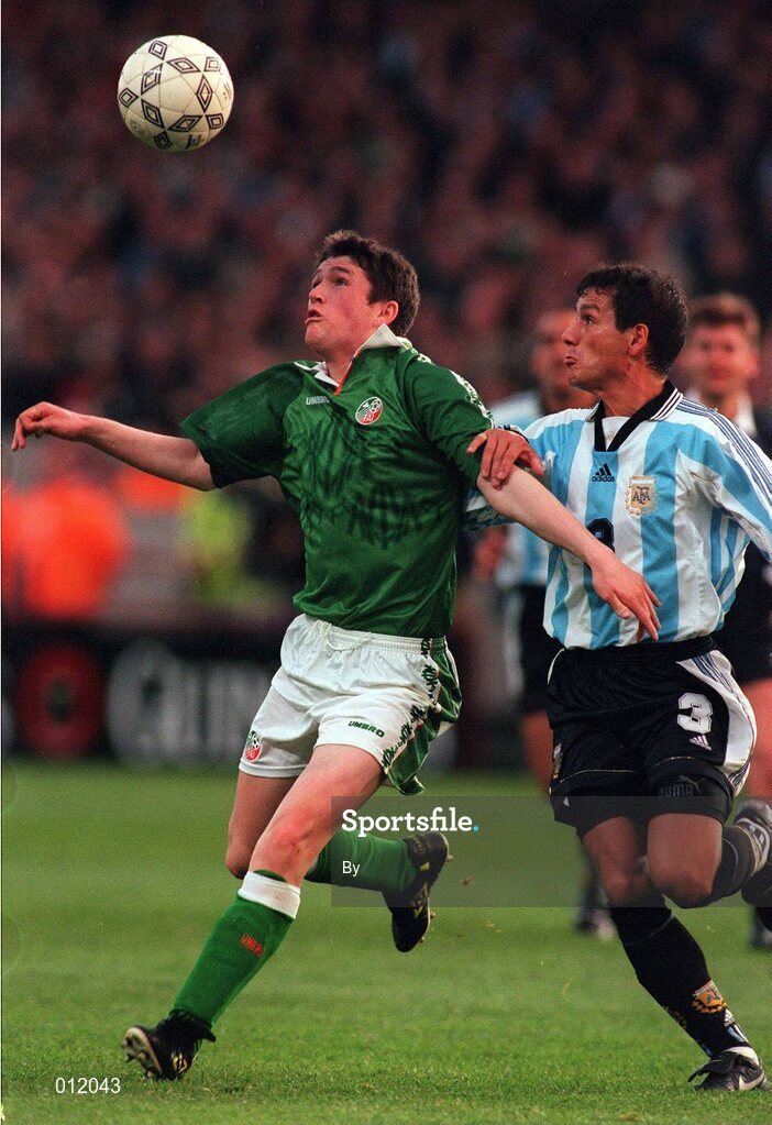 22 April 1998. Robbie Keane, Rep of Ireland in action against Nelson Ayala, Argentina. Rep of Ireland v Argentina. Friendly Soccer International, Lansdowne Road. Picture Credit: Matt Browne/SPORTSFILE.