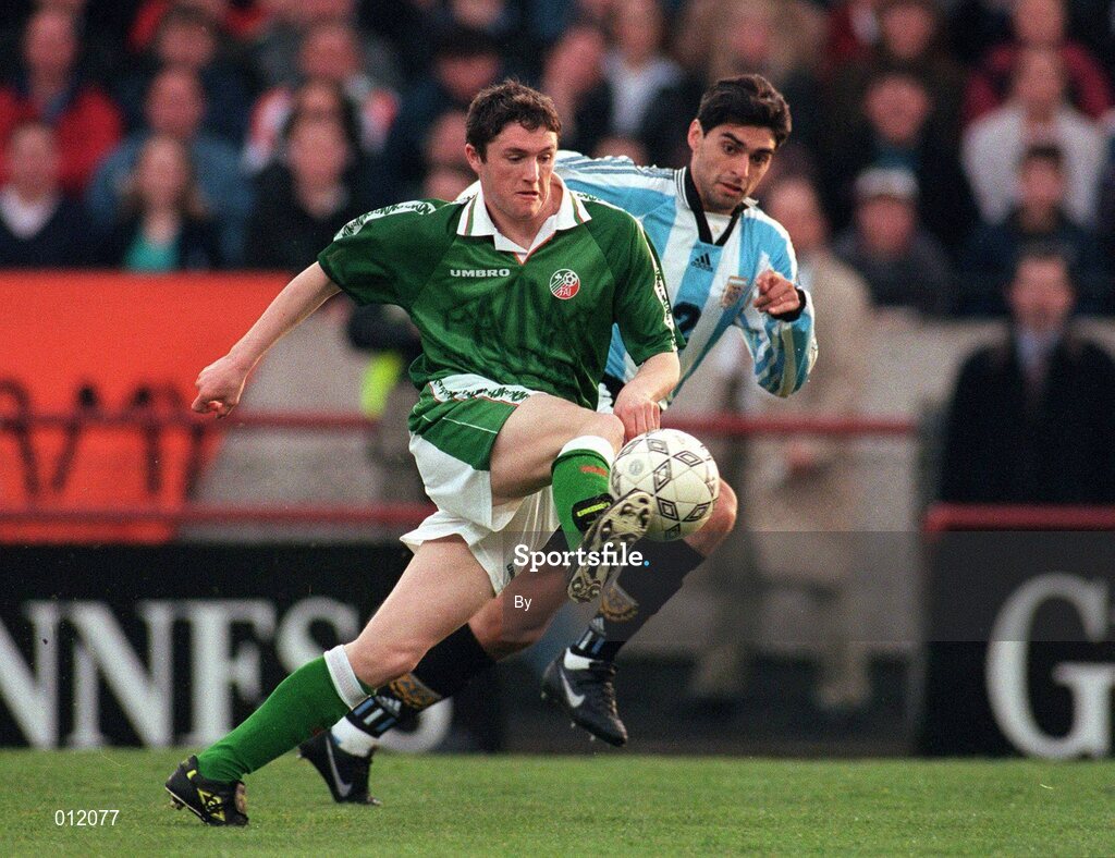 22 April 1998. Robbie Keane, Rep of Ireland in action against Roberto Ayala, Argentina. Rep of Ireland v Argentina. Friendly Soccer International, Lansdowne Road. Picture Credit: Brendan Moran/SPORTSFILE.