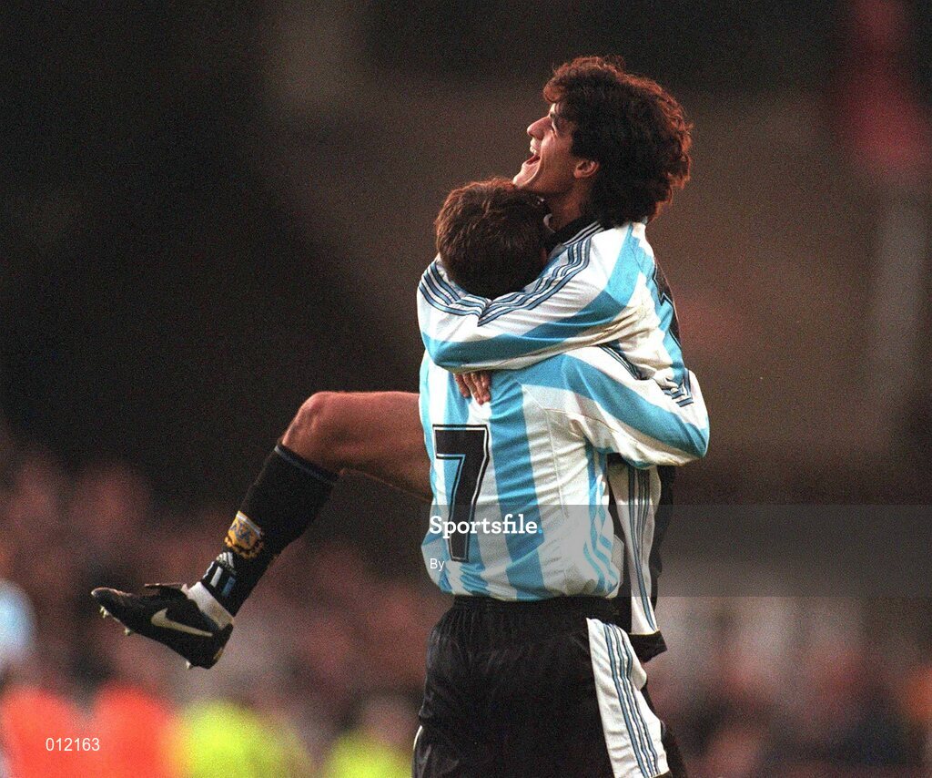 22 April 1998. Argentina's Ariel Ortega celebrates his goal with team-mate Claudio Lopez (7). Friendly Soccer International, Rep of Ireland v Argentina, Lansdowne Road. Picture Credit; Brendan Moran/SPORTSFILE.