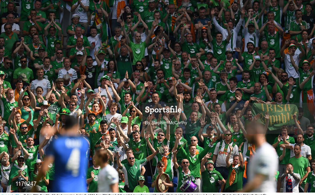 26 June 2016; Republic of Ireland supporters during the UEFA Euro 2016 Round of 16 match between France and Republic of Ireland at Stade des Lumieres in Lyon, France. Photo by Stephen McCarthy/Sportsfile