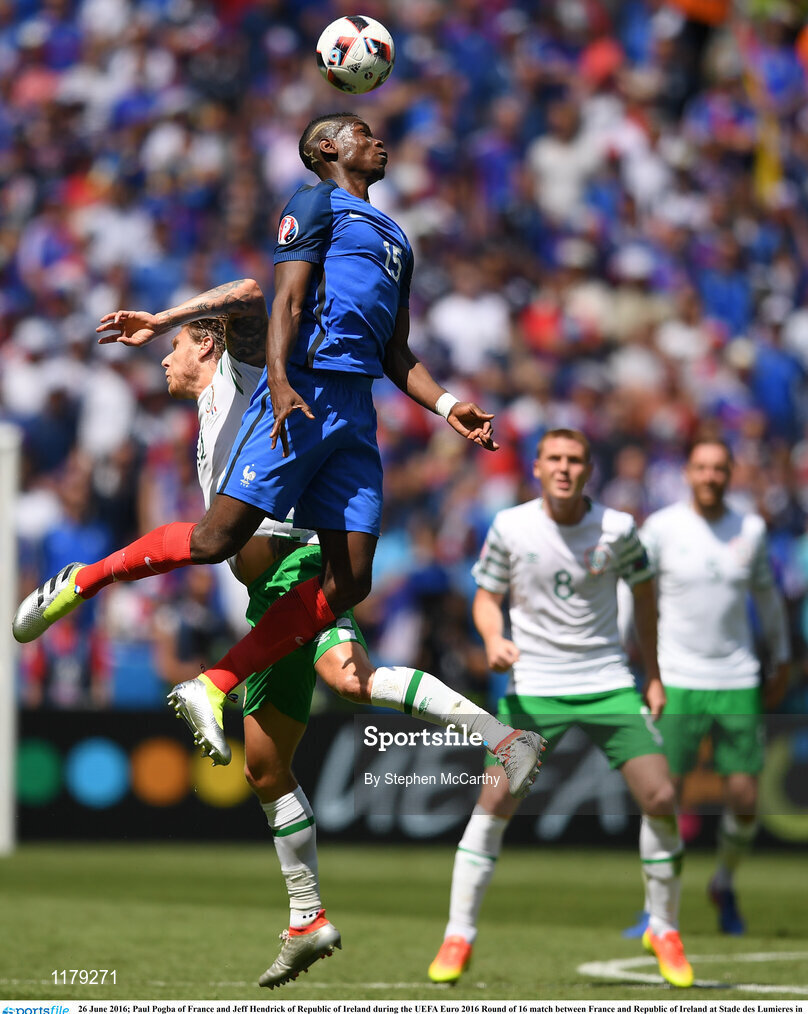26 June 2016; Paul Pogba of France and Jeff Hendrick of Republic of Ireland during the UEFA Euro 2016 Round of 16 match between France and Republic of Ireland at Stade des Lumieres in Lyon, France. Photo by Stephen McCarthy/Sportsfile