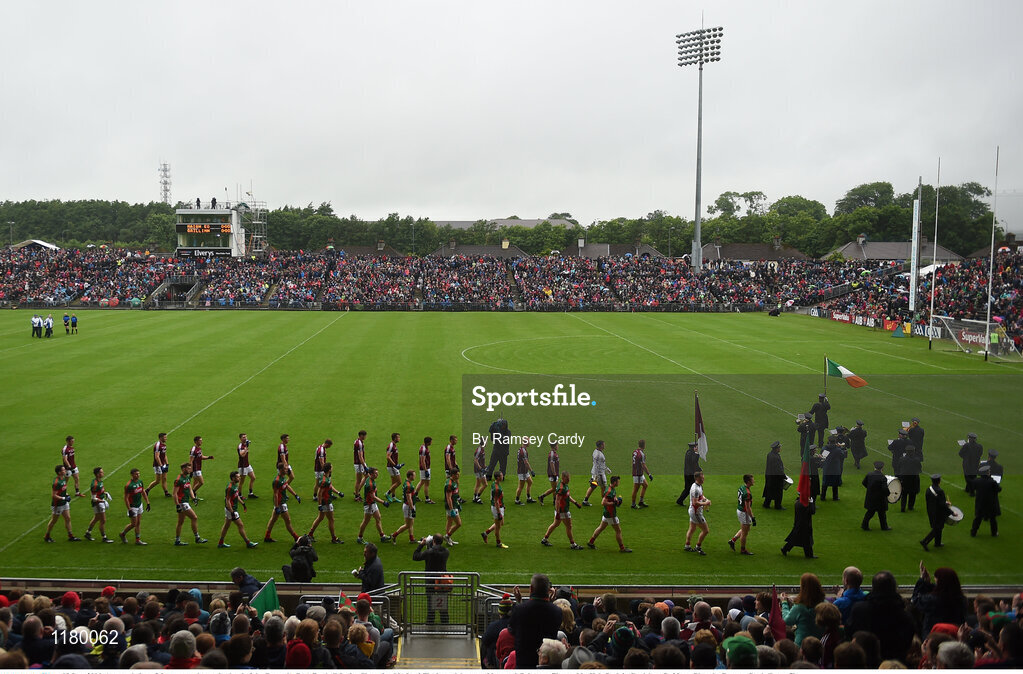 18 June 2016; A general view of the pre-match parade ahead of the Connacht GAA Football Senior Championship Semi-Final match between Mayo and Galway at Elverys MacHale Park in Castlebar, Co Mayo. Photo by Ramsey Cardy/Sportsfile