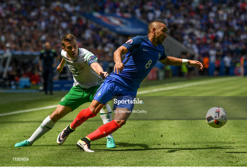26 June 2016; Dimitri Payet of France in action against Seamus Coleman of Republic of Ireland during the UEFA Euro 2016 Round of 16 match between France and Republic of Ireland at Stade des Lumieres in Lyon, France. Photo by Stephen McCarthy/Sportsfile