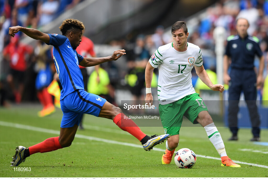 26 June 2016; Stephen Ward of Republic of Ireland in action against Kingsley Coman of France during the UEFA Euro 2016 Round of 16 match between France and Republic of Ireland at Stade des Lumieres in Lyon, France. Photo by Stephen McCarthy/Sportsfile