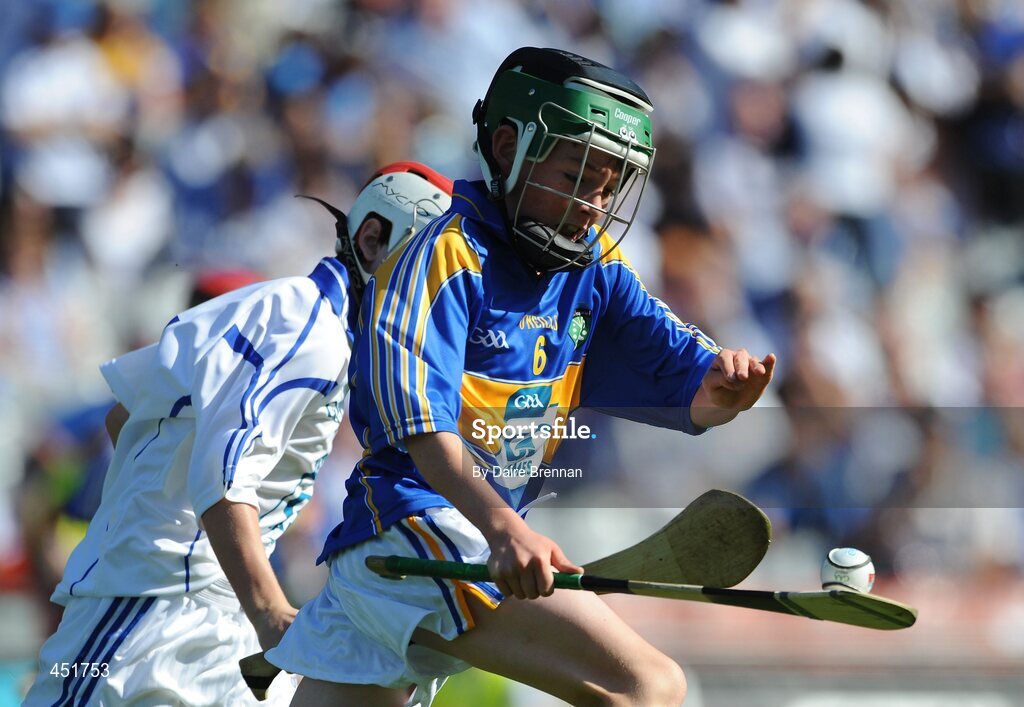 15 August 2010; Eric Leen, from Ardfert N.S., Ardfert, Co. Kerry, representing Tipperary, in action against John Mullins, Scoil Eoin Baiste, Clontarf, Co. Dublin, representing Waterford. GAA INTO Mini-Sevens during half time of the GAA Hurling All-Ireland Senior Championship Semi-Final, Waterford v Tipperary, Croke Park, Dublin. Picture credit: Dáire Brennan / SPORTSFILE
