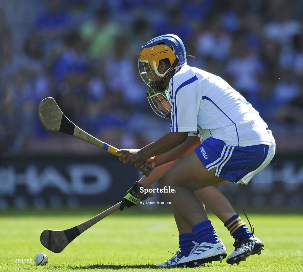 15 August 2010; Elizabeth Kennedy, from Ayle N.S., Monard, Co. Tipperary, representing Waterford, in action against Eimear Higgins, St. Columban's P.S., Belcoo, Co. Fermanagh, representing Tipperary. GAA INTO Mini-Sevens during half time of the GAA Hurling All-Ireland Senior Championship Semi-Final, Waterford v Tipperary, Croke Park, Dublin. Picture credit: Dáire Brennan / SPORTSFILE