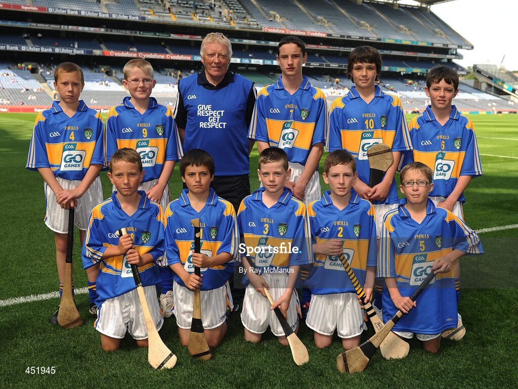 15 August 2010; The Tipperary team, back row, left to right, James McCann, St. Oliver Plunkett’s, Ballyhegan, Co. Armagh, Brendan Gillespie, Creevy N.S., Ballyshannon, Co. Donegal, David Quilter, Lixnaw B.N.S., Co. Kerry, Eoin Savage, St. Mary’s P.S., Portaferry, Co. Down, Conor O’Brien, Watergrasshill N.S., Co. Cork, front row, left to right, Oisín Grant, Gaelscoil Bhun Cranncha, Co. Donegal, Matthew Walsh, Larmenier and Sacred Heart P.S., London, Conal Cunning, St. Joseph’s P.S., Dunloy, Co. Antrim, Peter McCallin, Scoil na Fuiseoige, Co. Antrim, Patrick Garvey, St. Malachy’s P.S., Camlough, Co. Armagh. GAA Into Mini-Sevens during half time of the GAA Hurling All-Ireland Senior Championship Semi-Final, Waterford v Tipperary, Croke Park, Dublin. Picture credit: Ray McManus / SPORTSFILE