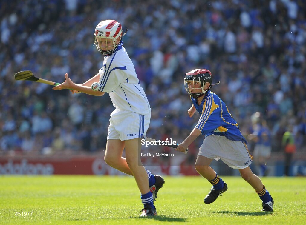 15 August 2010; Conor O’Brien, Watergrasshill N.S., Co. Cork, representing Waterford, in action against Oisín Grant, Gaelscoil Bhun Cranncha, Co. Donegal, representing Tipperary. GAA INTO Mini-Sevens during half time of the GAA Hurling All-Ireland Senior Championship Semi-Final, Waterford v Tipperary, Croke Park, Dublin. Picture credit: Ray McManus / SPORTSFILE