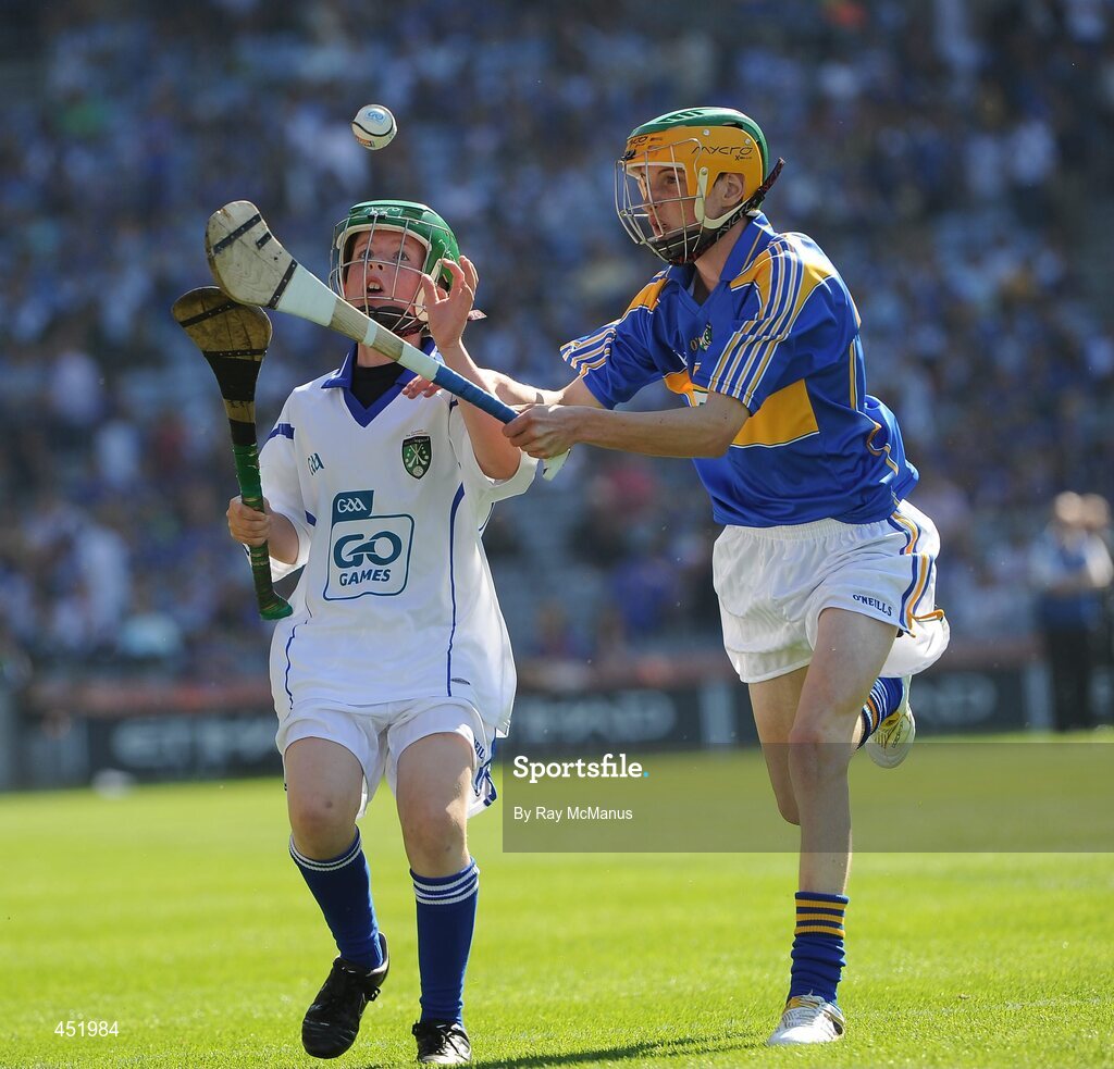 15 August 2010; Eoin Savage, St. Mary’s P.S., Portaferry, Co. Down, representing Waterford, in action against David Quilter, Lixnaw B.N.S., Co. Kerry, representing Tipperary. GAA INTO Mini-Sevens during half time of the GAA Hurling All-Ireland Senior Championship Semi-Final, Waterford v Tipperary, Croke Park, Dublin. Picture credit: Ray McManus / SPORTSFILE