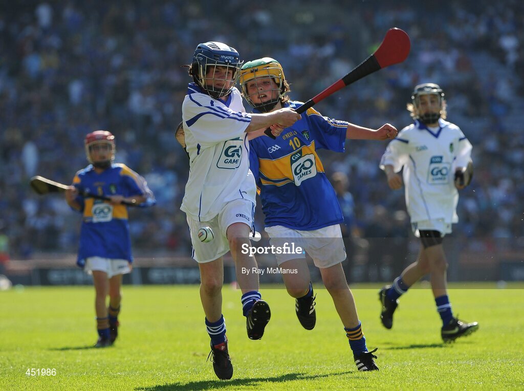 15 August 2010; Lorcan McCaughey, St. Joseph’s P.S., Carryduff, Co. Down, representing Waterford, in action against Patrick Wilson, Scoil Iosagáin, Buncrana, Co. Donegal, representing Tipperary. GAA INTO Mini-Sevens during half time of the GAA Hurling All-Ireland Senior Championship Semi-Final, Waterford v Tipperary, Croke Park, Dublin. Picture credit: Ray McManus / SPORTSFILE