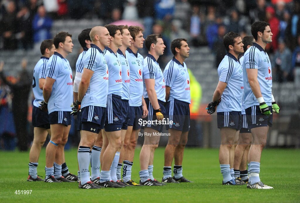 10 July 2010; The Dublin team stand for the National Anthem. GAA Football All-Ireland Senior Championship Qualifier, Round 2, Dublin v Tipperary, Croke Park, Dublin. Picture credit: Ray McManus / SPORTSFILE