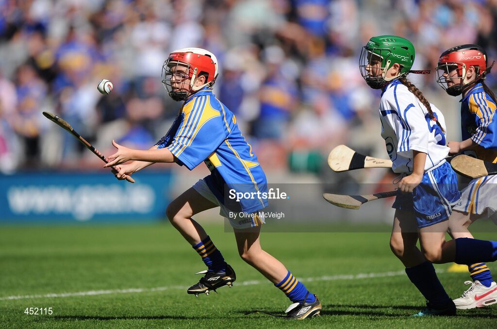 15 August 2010;  Leanne Donnelly, Roan PS, Eglish, Co. Tyrone, representing Tipperary, in action against Lauren Homan, , Cloughroe NS, Co Cork, representing Waterford. GAA Into Mini-Sevens during half time of the GAA Hurling All-Ireland Senior Championship Semi-Final, Waterford v Tipperary, Croke Park, Dublin. Picture credit: Oliver McVeigh / SPORTSFILE