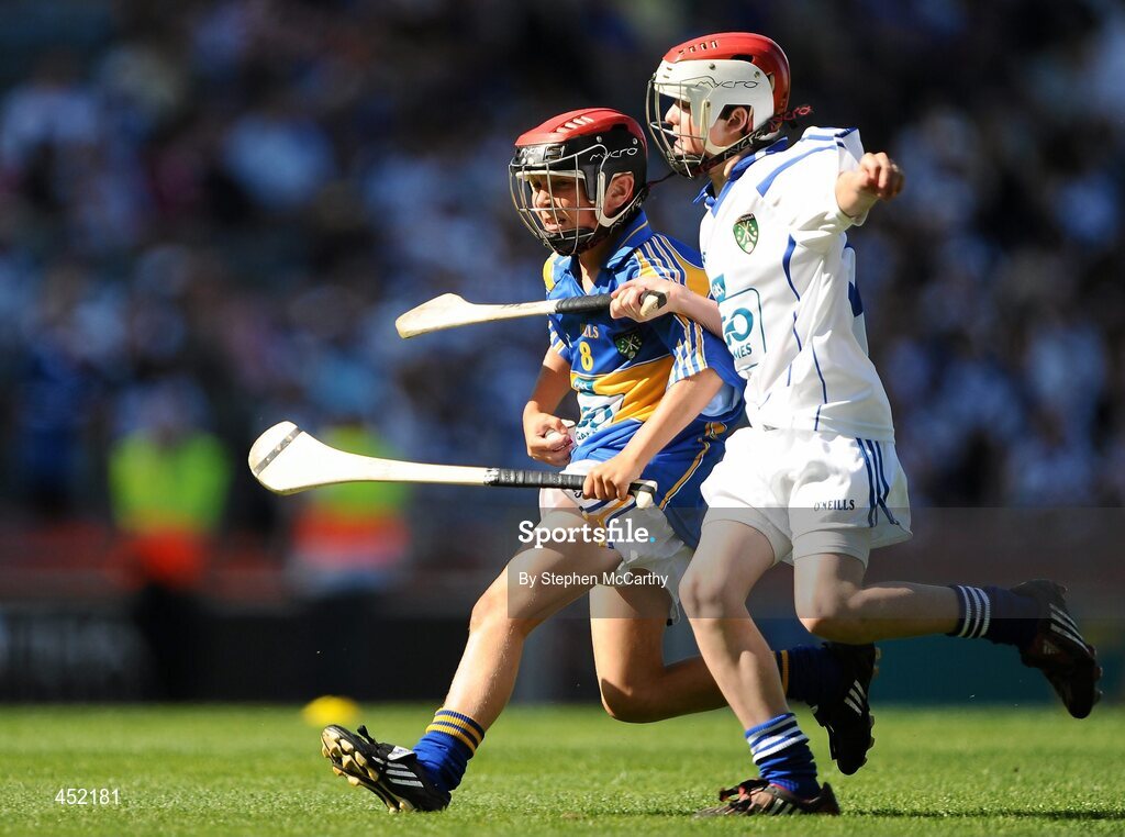 15 August 2010; Oisín Grant, Gaelscoil Bhun Cranncha, Co. Donegal, representing Tipperary, in action against John Mullins, Scoil Eoin Baiste S.N.S., Clontarf, Co. Dublin, representing Waterford. GAA INTO Mini-Sevens during half time of the GAA Hurling All-Ireland Senior Championship Semi-Final, Waterford v Tipperary, Croke Park, Dublin. Picture credit: Stephen McCarthy / SPORTSFILE