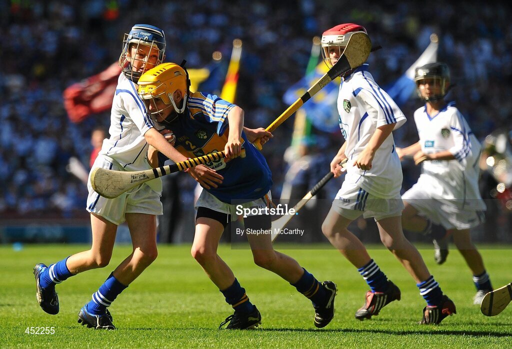 15 August 2010; Peter McCallin, Scoil na Fuiseoige, Co. Antrim, representing Tipperary, in action against Jack O’Connor, Scoil Chill Ruadhain, Glanmire, Co. Cork, representing Waterford. GAA INTO Mini-Sevens during half time of the GAA Hurling All-Ireland Senior Championship Semi-Final, Waterford v Tipperary, Croke Park, Dublin. Picture credit: Stephen McCarthy / SPORTSFILE