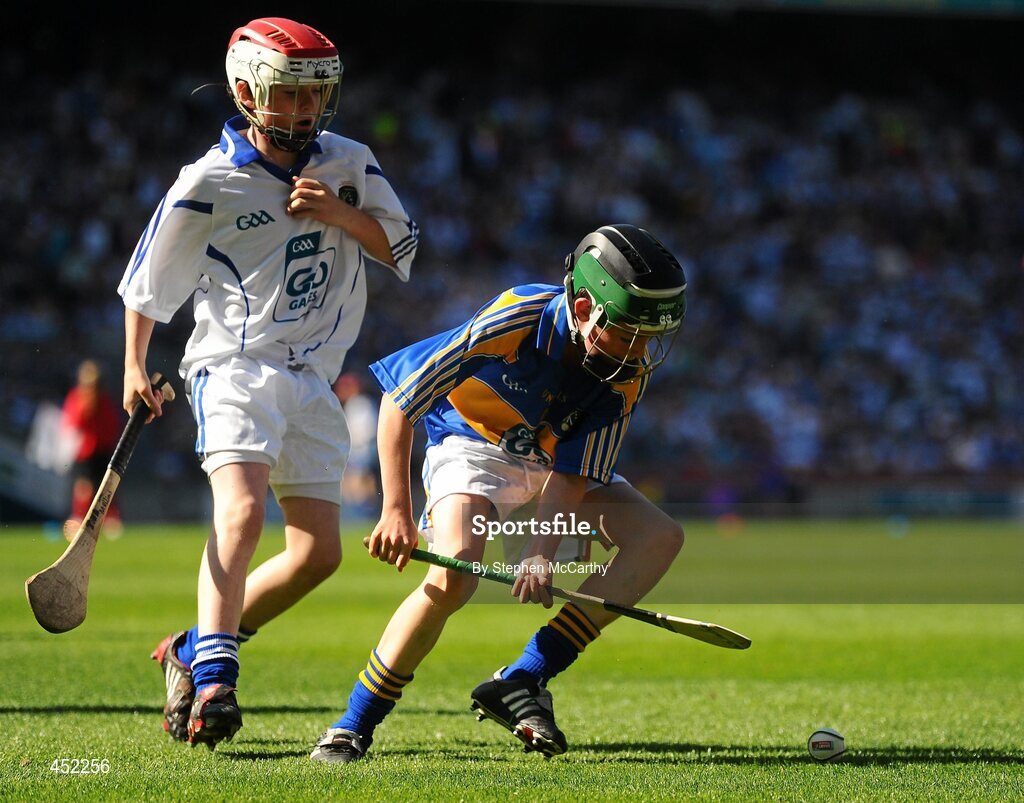 15 August 2010; Eric Leen, Ardfert N.S., Ardfert, Co. Kerry, representing Tipperary, in action against John Mullins, Scoil Eoin Baiste S.N.S., Clontarf, Co. Dublin, representing Waterford. GAA INTO Mini-Sevens during half time of the GAA Hurling All-Ireland Senior Championship Semi-Final, Waterford v Tipperary, Croke Park, Dublin. Picture credit: Stephen McCarthy / SPORTSFILE