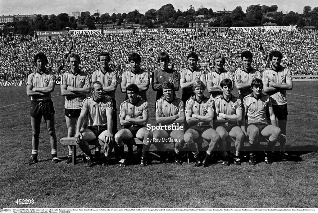 28 August 1983; The Dublin team, back row, left to right, Tommy Conroy, Barney Rock, John Caffrey, Joe McNally, John O'Leary, Anton O'Toole, Mick Holden, Gerry Hargan, Ciarán Duff, front row, left to right, Brian Mullins, PJ Buckley, Tommy Drumm, Ray Hazley, Pat Canavan, Jim Roynane. All-Ireland Senior Football Championship Semi-Final Replay, Dublin v Cork, Páirc Uí Chaoimh, Cork. Picture credit: Ray McManus / SPORTSFILE