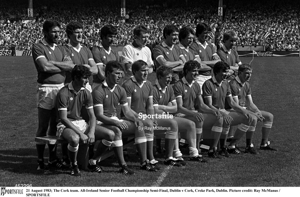 21 August 1983; The Cork team, back, from left, John Allen, Colman Corrigan, Kevin Kehilly, Michael Creedon, Tadgh Murphy, Eoin O'Mahony, Don Creedon and Dave Barry, with, front, from left, Michael Hannon, Jimmy Kerrigan, Christy Ryan, John Cleary, Mark healy, John Evans and Denis Allen before the All-Ireland Senior Football Championship Semi-Final match between Dublin and Cork at Croke Park, Dublin. Photo by Ray McManus/Sportsfile