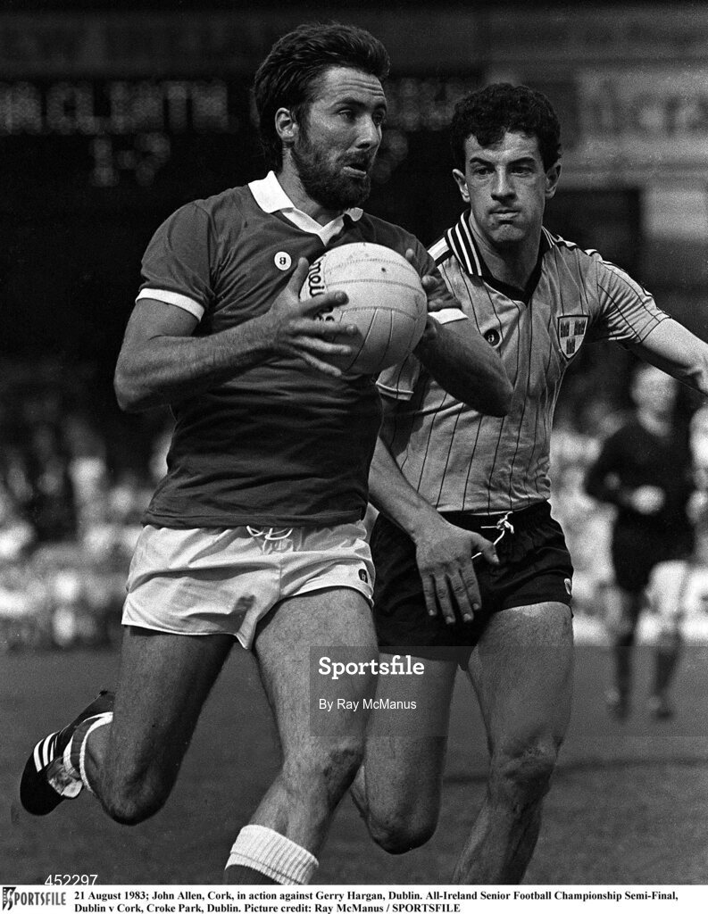 21 August 1983; John Allen of Cork in action against Gerry Hargan of Dublin during the All-Ireland Senior Football Championship Semi-Final match between Dublin and Cork at Croke Park, Dublin. Photo by Ray McManus/Sportsfile