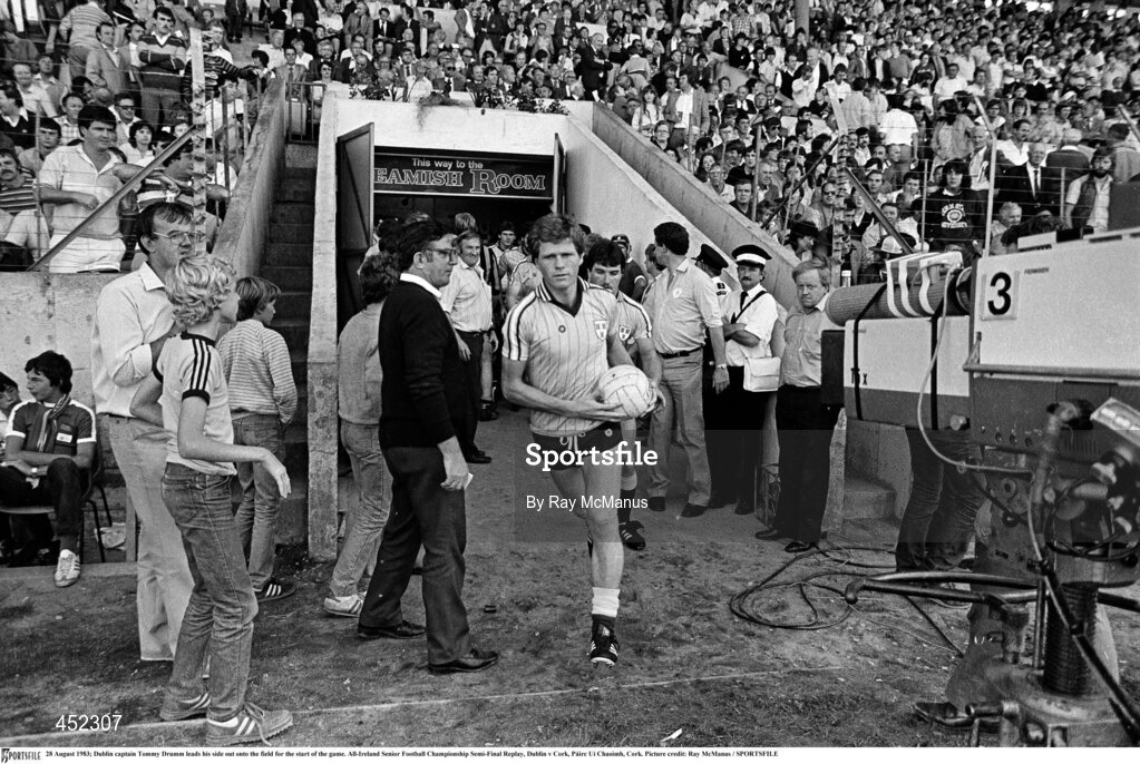 28 August 1983; Dublin captain Tommy Drumm leads his side out onto the field for the start of the game. All-Ireland Senior Football Championship Semi-Final Replay, Dublin v Cork, Páirc Uí Chaoimh, Cork. Picture credit: Ray McManus / SPORTSFILE