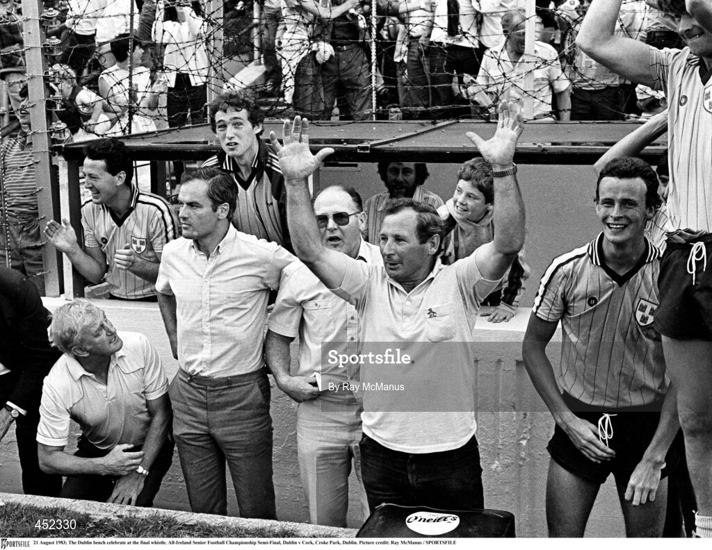 21 August 1983; The Dublin bench celebrate at the final whistle during the All-Ireland Senior Football Championship Semi-Final match between Dublin and Cork at Croke Park, Dublin. Photo by Ray McManus/Sportsfile