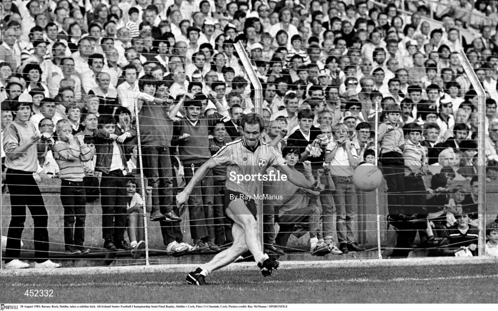 28 August 1983; Barney Rock, Dublin, takes a sideline kick. All-Ireland Senior Football Championship Semi-Final Replay, Dublin v Cork, Páirc Uí Chaoimh, Cork. Picture credit: Ray McManus / SPORTSFILE