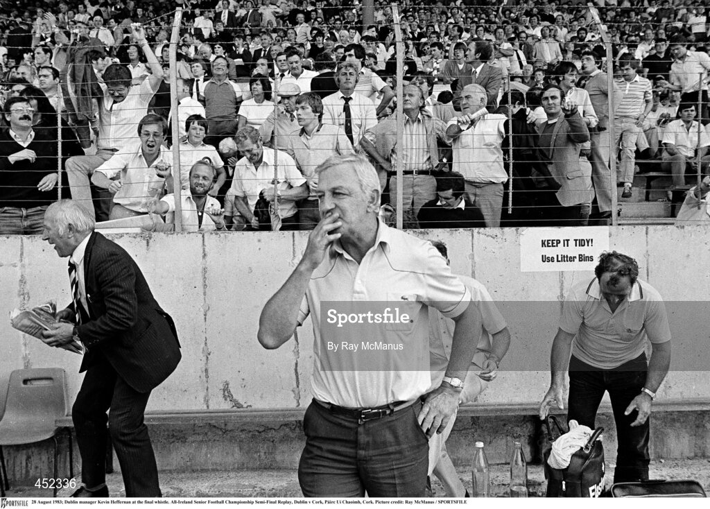 28 August 1983; Dublin manager Kevin Heffernan at the final whistle. All-Ireland Senior Football Championship Semi-Final Replay, Dublin v Cork, Páirc Uí Chaoimh, Cork. Picture credit: Ray McManus / SPORTSFILE