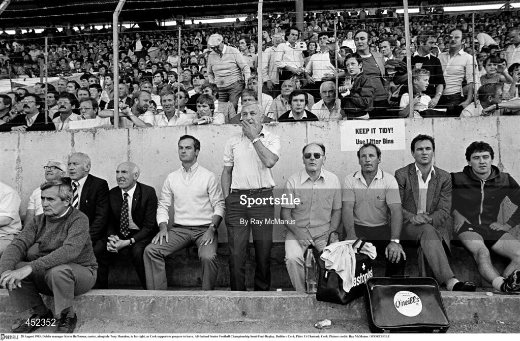 28 August 1983; Dublin manager Kevin Heffernan, centre, alongside Tony Hanahoe, to his right, as Cork supporters prepare to leave. All-Ireland Senior Football Championship Semi-Final Replay, Dublin v Cork, Páirc Uí Chaoimh, Cork. Picture credit: Ray McManus / SPORTSFILE