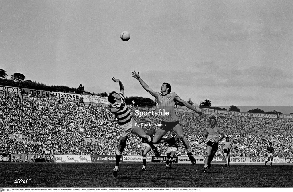 28 August 1983; Barney Rock of Dublin contests a high ball with Cork goalkeeper Michael Creedon during the All-Ireland Senior Football Championship Semi-Final Replay match between Dublin and Cork at Páirc Uí Chaoimh in Cork. Photo by Ray McManus/Sportsfile