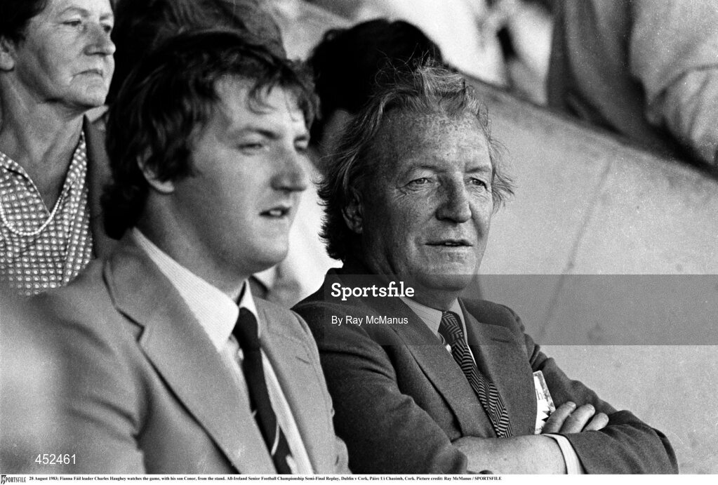28 August 1983; Fianna Fáil leader Charles Haughey with his son Conor during the All-Ireland Senior Football Championship Semi-Final Replay match between Dublin and Cork at Páirc Uí Chaoimh, Cork. Photo by Ray McManus/Sportsfile