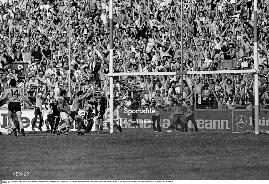 28 August 1983; Joe McNally of Dublin celebrates after scoring his side's fourth goal during the All-Ireland Senior Football Championship Semi-Final Replay match between Dublin and Cork at Páirc Uí Chaoimh, Cork. Photo by Ray McManus/Sportsfile