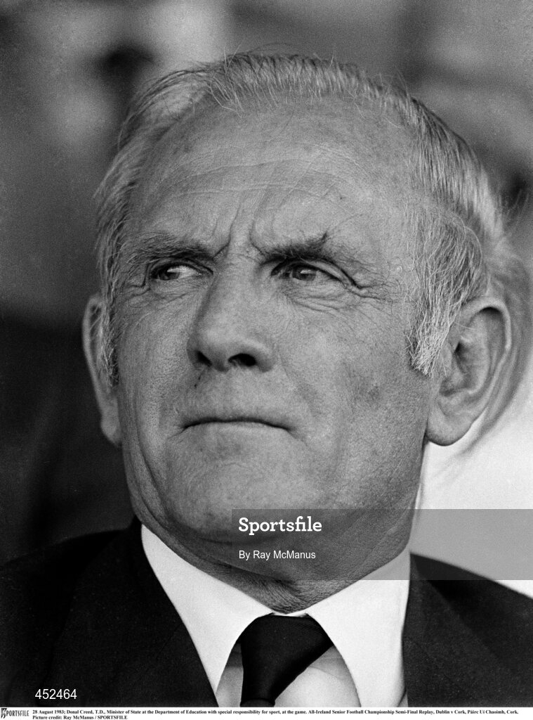 28 August 1983; Donal Creed, T.D., Minister of State at the Department of Education with special responsibility for sport, at the All-Ireland Senior Football Championship Semi-Final Replay match between Dublin and Cork at Páirc Uí Chaoimh, Cork. Photo by Ray McManus/Sportsfile