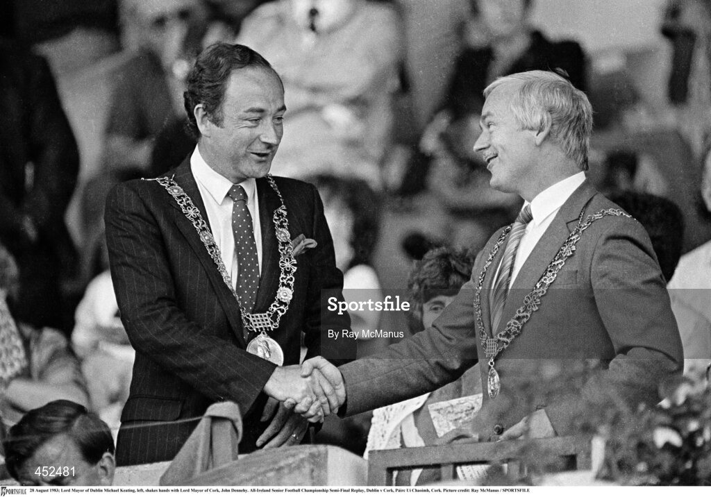 28 August 1983; Lord Mayor of Dublin Michael Keating, left, shakes hands with Lord Mayor of Cork, John Dennehy during the All-Ireland Senior Football Championship Semi-Final Replay match between Dublin and Cork at Páirc Uí Chaoimh, Cork. Photo by Ray McManus/Sportsfile