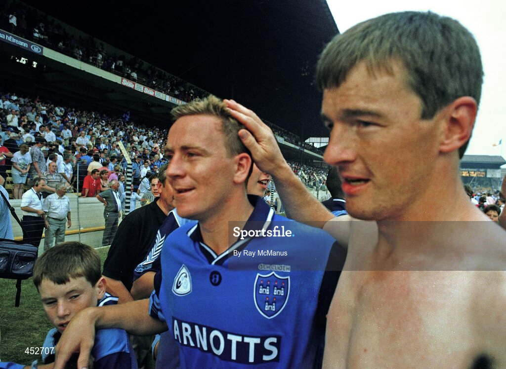 20 August 1995; John O'Leary, right, and Keith Barr, Dublin, celebrate after the game. All Ireland Senior Football Semi-Final, Dublin v Cork, Croke Park, Dublin. Picture credit: Ray McManus / SPORTSFILE