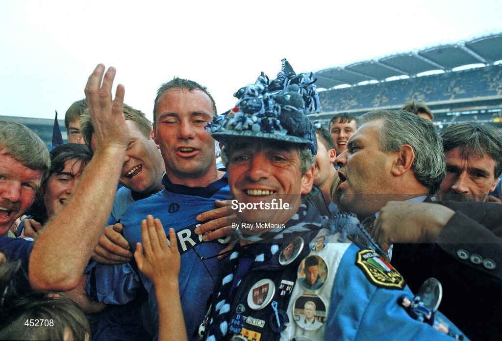 20 August 1995; Dublin Gerry celebrates with Paul Curran after the match. All Ireland Senior Football Semi-Final, Dublin v Cork, Croke Park, Dublin. Picture credit: Ray McManus / SPORTSFILE