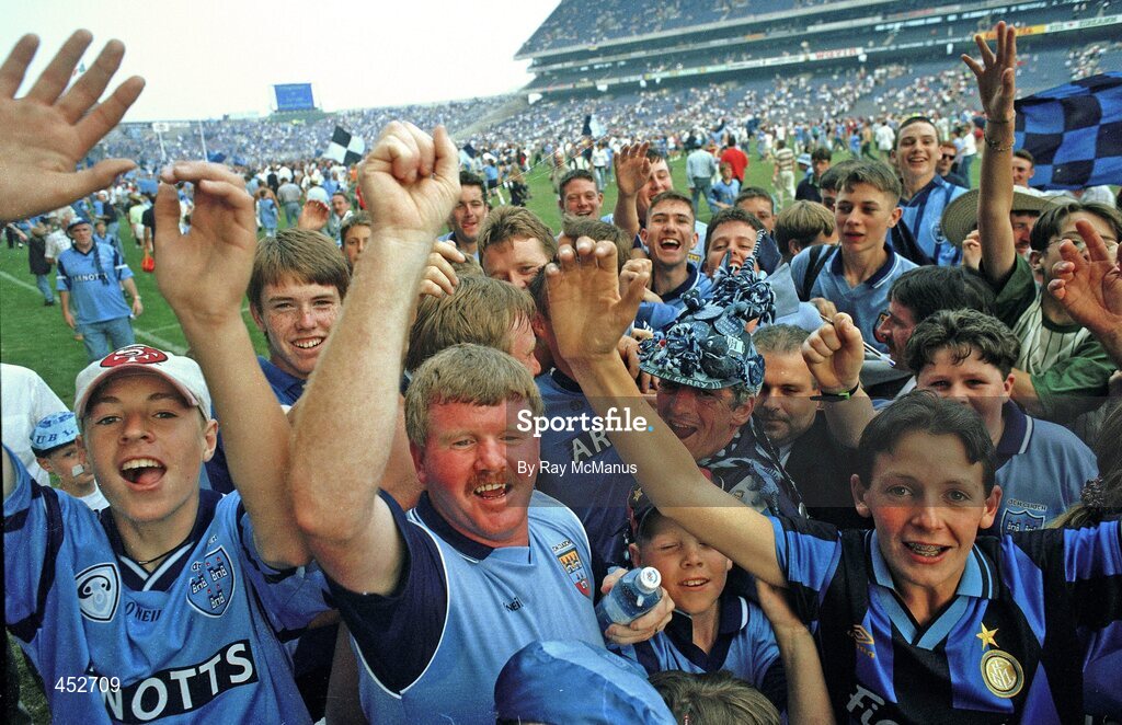 20 August 1995; Dublin supporters celebrate on the field after the game. All Ireland Senior Football Semi-Final, Dublin v Cork, Croke Park, Dublin. Picture credit: Ray McManus / SPORTSFILE